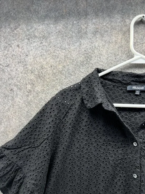Madewell Blouse Womens XXL Black Eyelet Button Front Flutter Sleeve Cropped - Picture 7 of 10